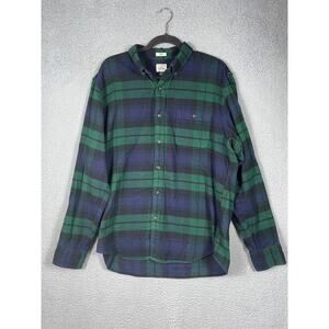 J. Crew Mens Shirt Size L Blue Green Slim Fit Elbow Patch Flannel Button Up